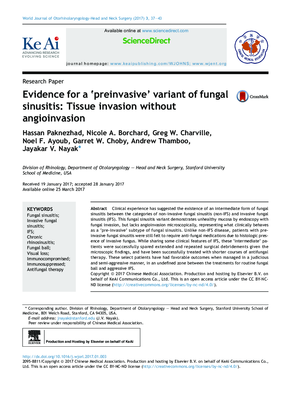 Evidence for a 'preinvasive' variant of fungal sinusitis: Tissue invasion without angioinvasion