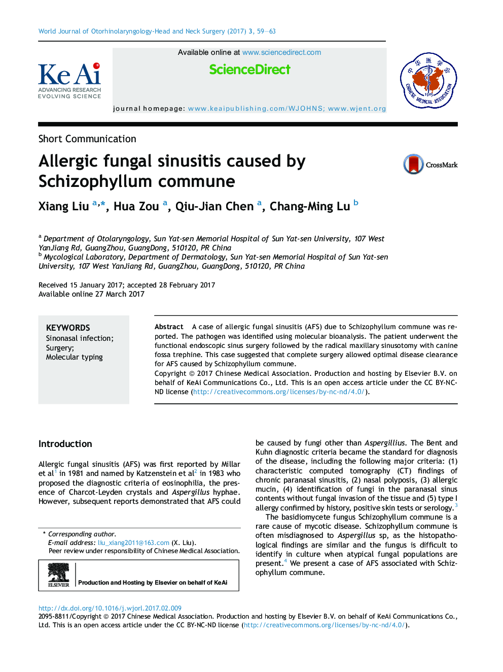 Allergic fungal sinusitis caused by Schizophyllum commune