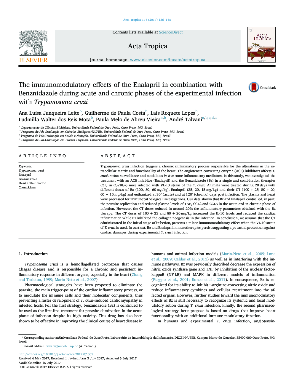 اثرات ایمن سازی انالاپریل در ترکیب با بنزنیدازول در مراحل حاد و مزمن عفونت تجربی با تریپانوسومای کریزی 