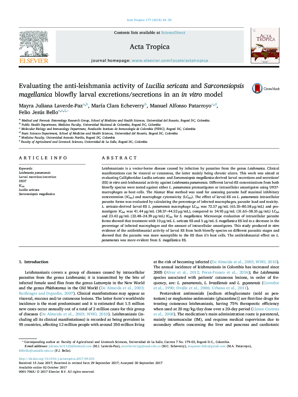 Evaluating the anti-leishmania activity of Lucilia sericata and Sarconesiopsis magellanica blowfly larval excretions/secretions in an in vitro model