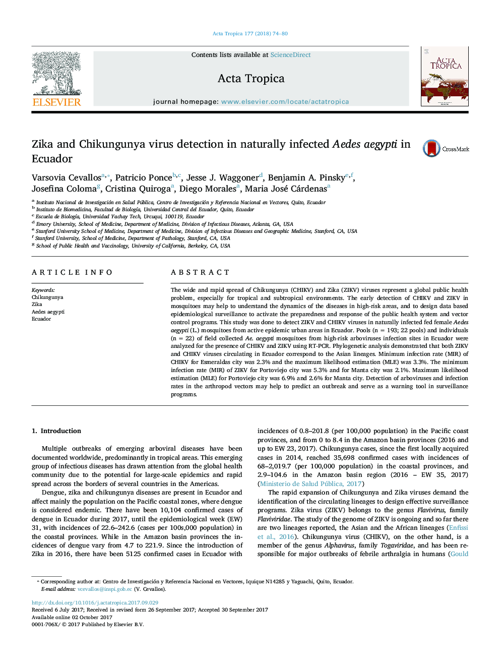 Zika and Chikungunya virus detection in naturally infected Aedes aegypti in Ecuador