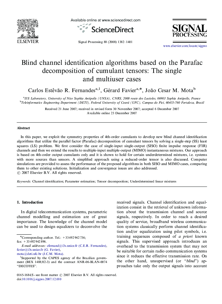 Blind channel identification algorithms based on the Parafac decomposition of cumulant tensors: The single and multiuser cases