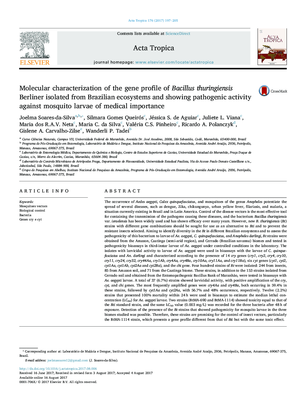 Molecular characterization of the gene profile of Bacillus thuringiensis Berliner isolated from Brazilian ecosystems and showing pathogenic activity against mosquito larvae of medical importance