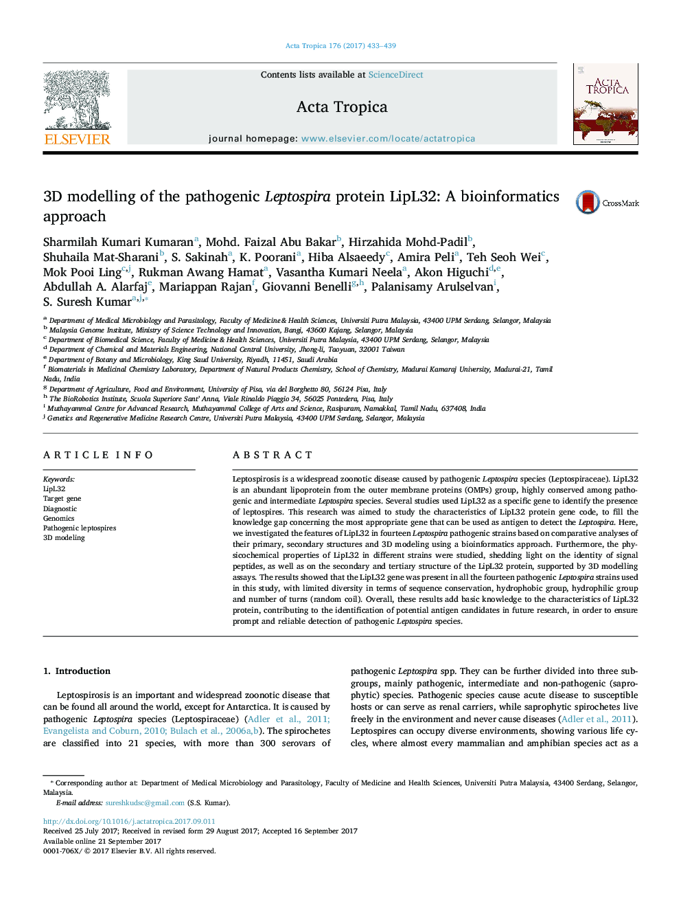 3D modelling of the pathogenic Leptospira protein LipL32: A bioinformatics approach