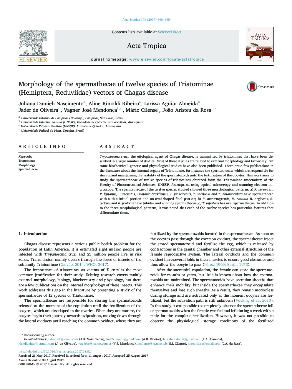 Morphology of the spermathecae of twelve species of Triatominae (Hemiptera, Reduviidae) vectors of Chagas disease