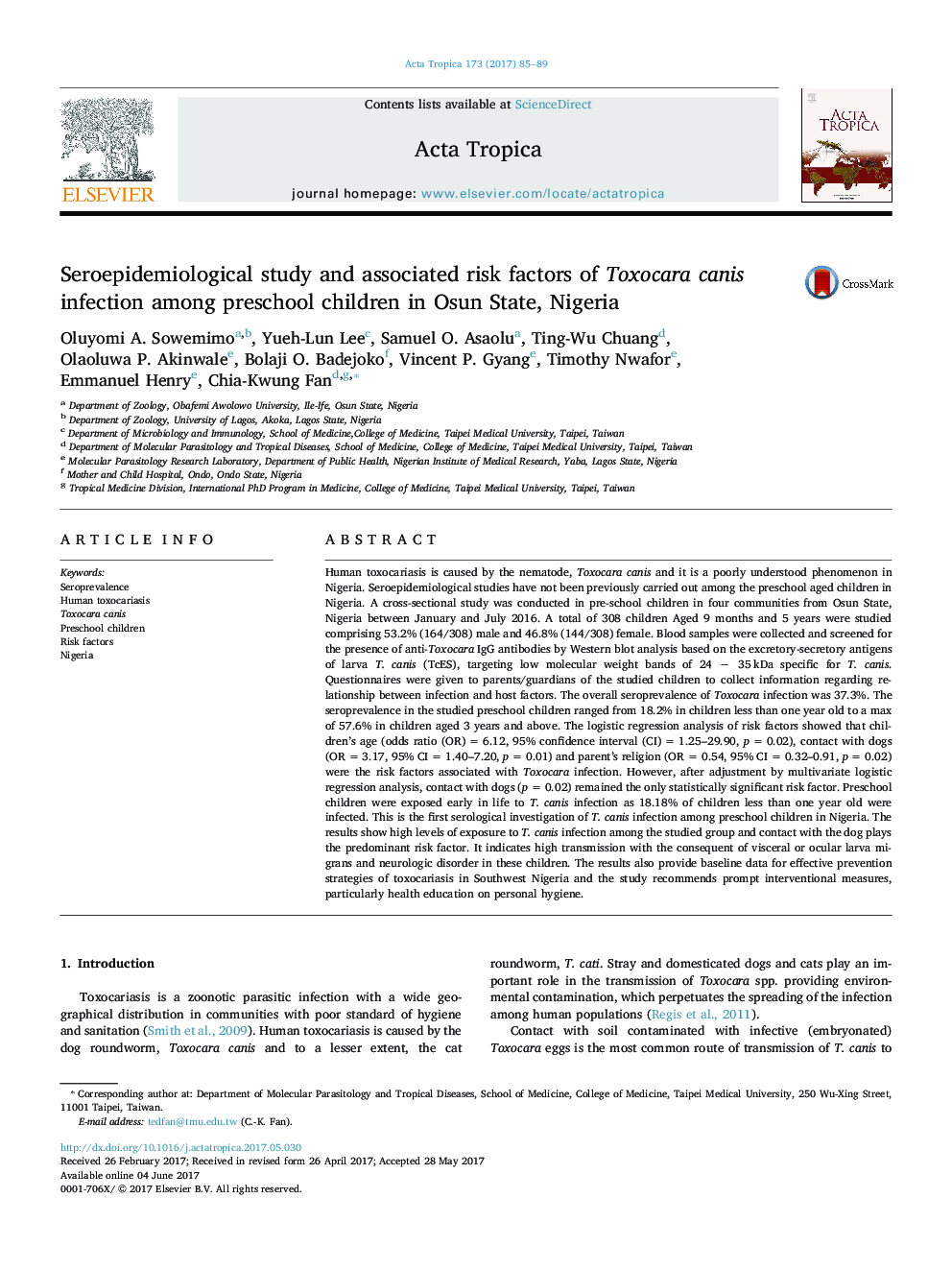 Seroepidemiological study and associated risk factors of Toxocara canis infection among preschool children in Osun State, Nigeria