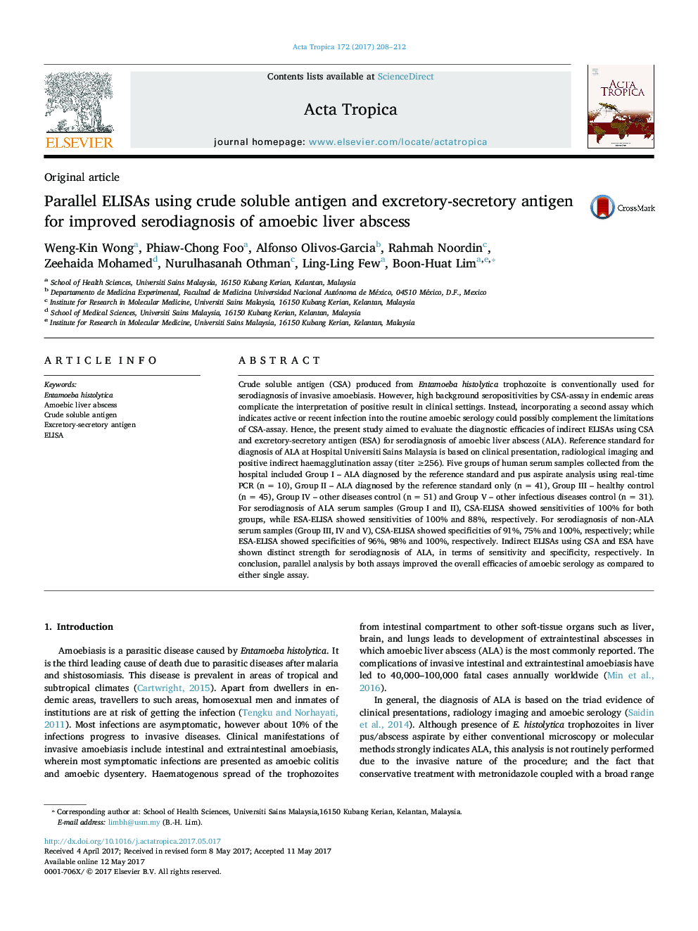Parallel ELISAs using crude soluble antigen and excretory-secretory antigen for improved serodiagnosis of amoebic liver abscess