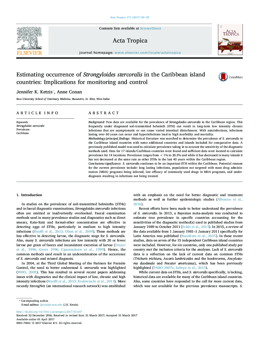 Estimating occurrence of Strongyloides stercoralis in the Caribbean island countries: Implications for monitoring and control