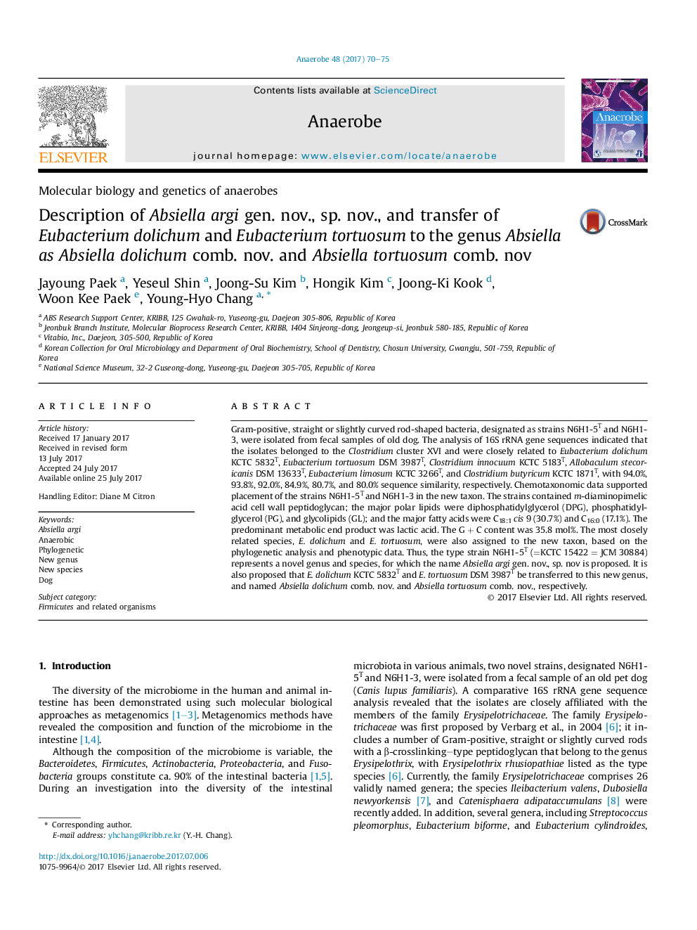 Description of Absiella argi gen. nov., sp. nov., and transfer of Eubacterium dolichum and Eubacterium tortuosum to the genus Absiella as Absiella dolichum comb. nov. and Absiella tortuosum comb. nov