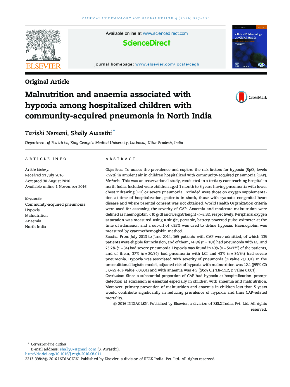 سوء تغذیه و کم خونی در ارتباط با هیپوکسی در میان کودکان بستری شده مبتلا به پنومونی در شمال هند است 