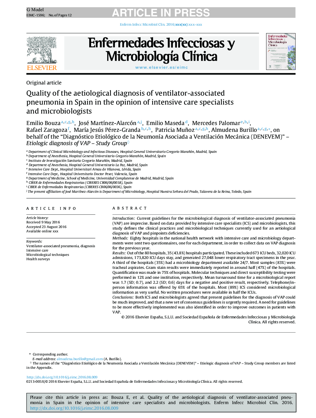 کیفیت تشخیص زودهنگام پنومونی مرتبط با تهویه در اسپانیا به نظر متخصصان مراقبت های ویژه و میکروبشناسی ها 