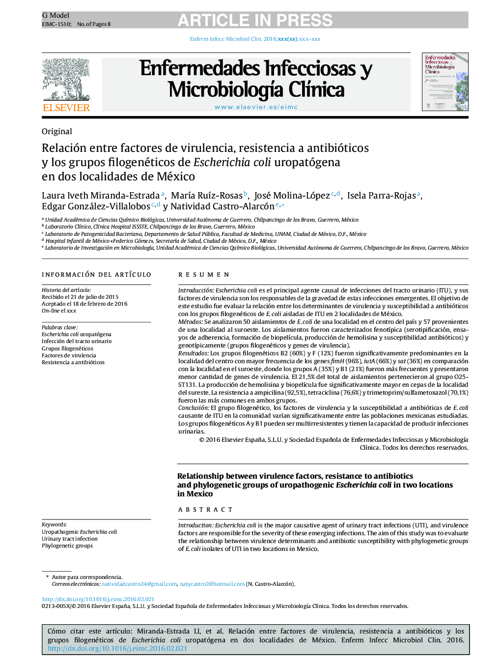 Relación entre factores de virulencia, resistencia a antibióticos y los grupos filogenéticos de Escherichia coli uropatógena en dos localidades de México
