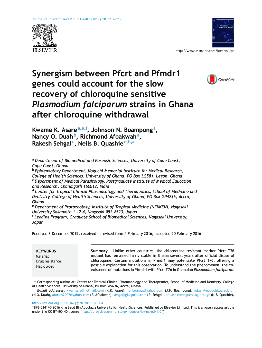 Synergism between Pfcrt and Pfmdr1 genes could account for the slow recovery of chloroquine sensitive Plasmodium falciparum strains in Ghana after chloroquine withdrawal