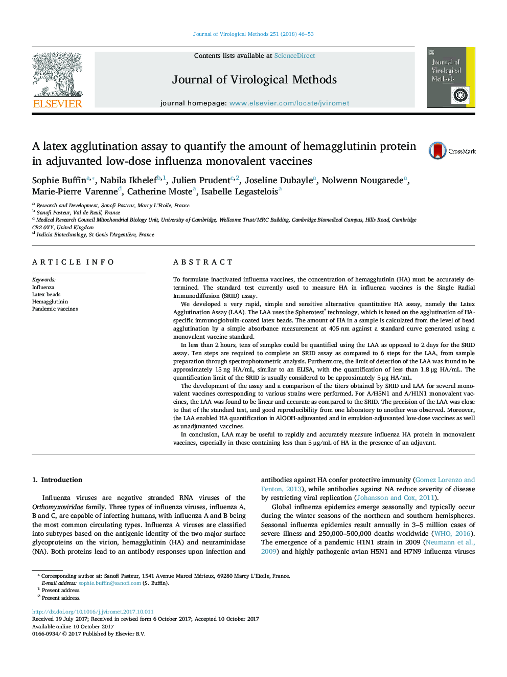 A latex agglutination assay to quantify the amount of hemagglutinin protein in adjuvanted low-dose influenza monovalent vaccines