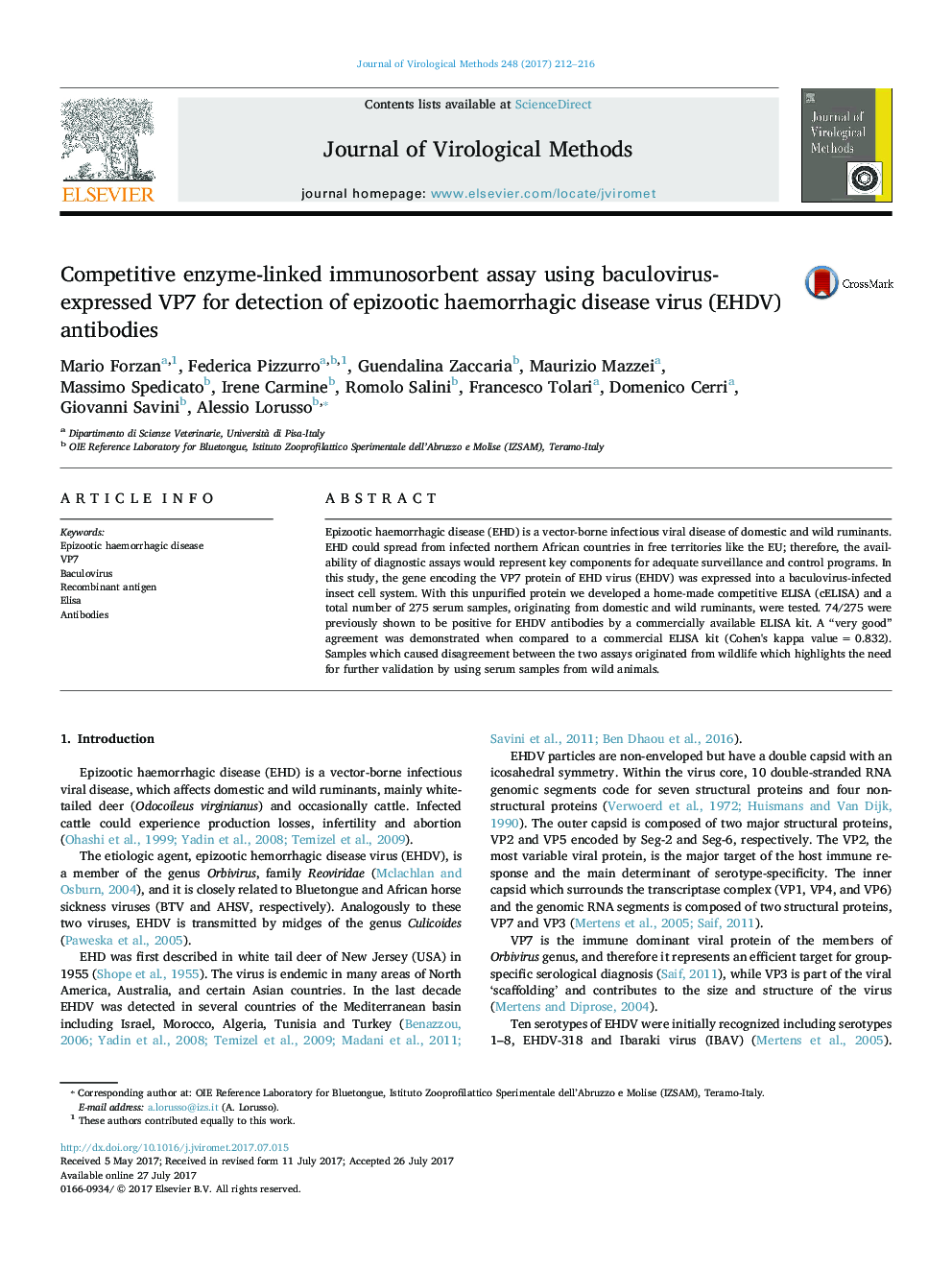 Competitive enzyme-linked immunosorbent assay using baculovirus-expressed VP7 for detection of epizootic haemorrhagic disease virus (EHDV) antibodies