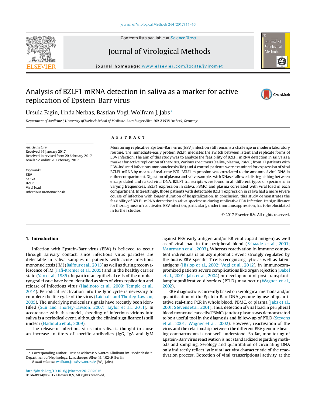 Analysis of BZLF1 mRNA detection in saliva as a marker for active replication of Epstein-Barr virus