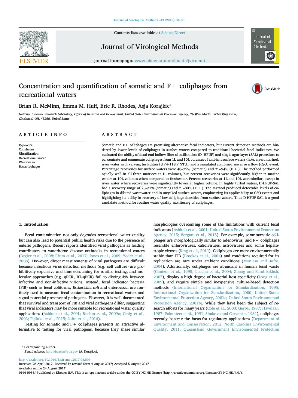 Concentration and quantification of somatic and F+ coliphages from recreational waters