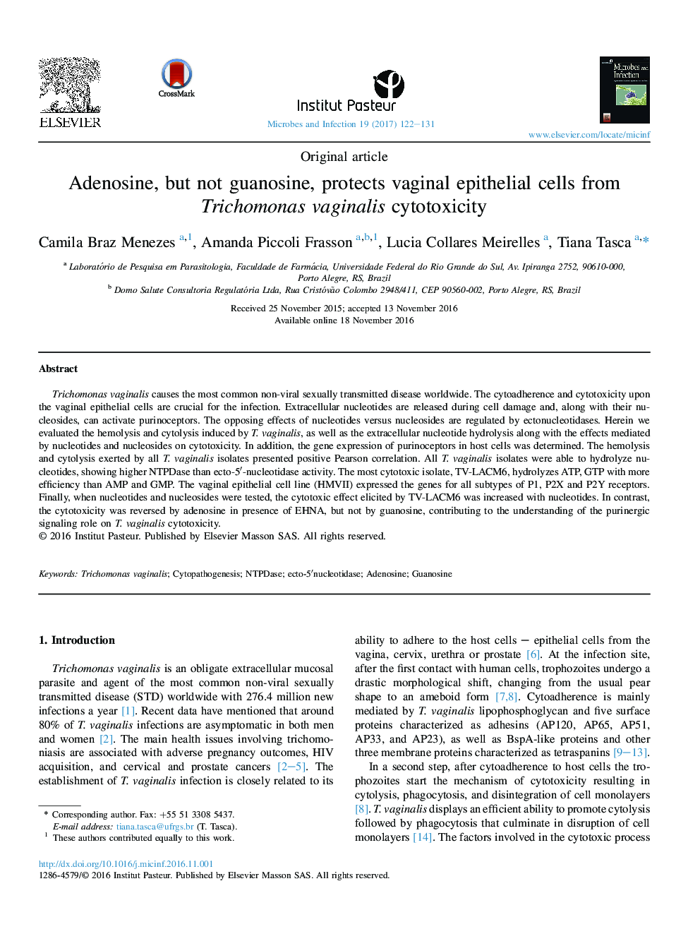 Adenosine, but not guanosine, protects vaginal epithelial cells from Trichomonas vaginalis cytotoxicity