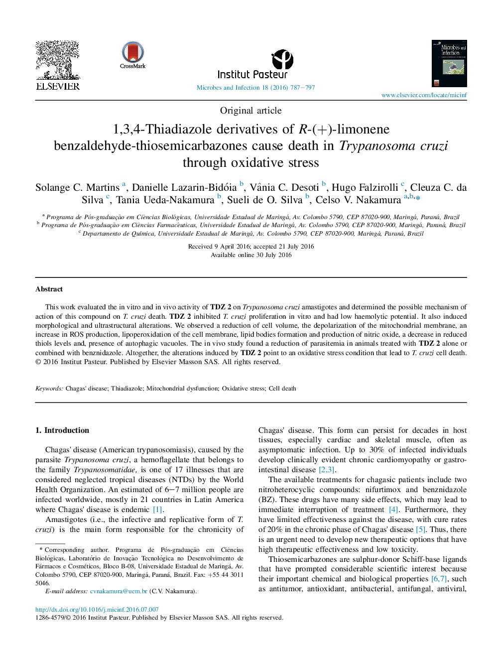 1,3,4-Thiadiazole derivatives of R-(+)-limonene benzaldehyde-thiosemicarbazones cause death in Trypanosoma cruzi through oxidative stress