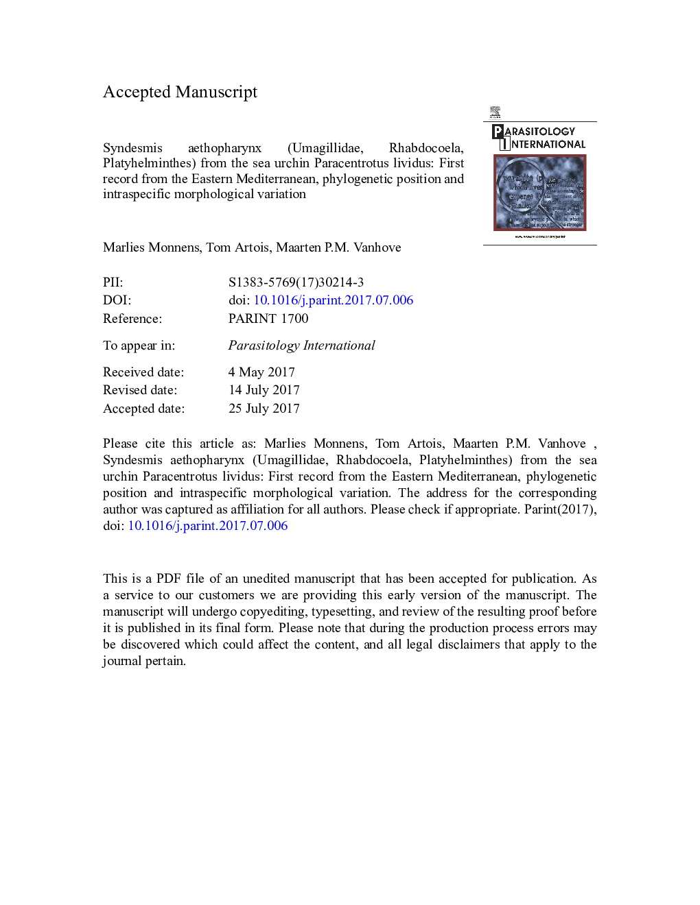 Syndesmis aethopharynx (Umagillidae, Rhabdocoela, Platyhelminthes) from the sea urchin Paracentrotus lividus: First record from the Eastern Mediterranean, phylogenetic position and intraspecific morphological variation