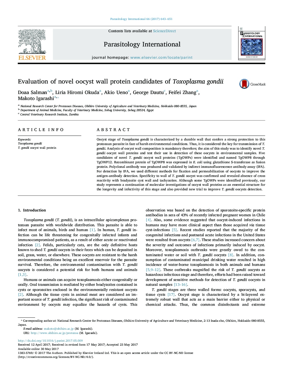 Evaluation of novel oocyst wall protein candidates of Toxoplasma gondii