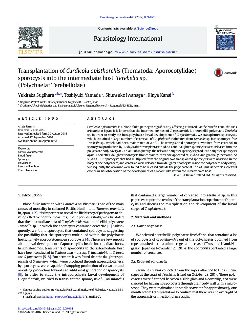 Transplantation of Cardicola opisthorchis (Trematoda: Aporocotylidae) sporocysts into the intermediate host, Terebella sp. (Polychaeta: Terebellidae)