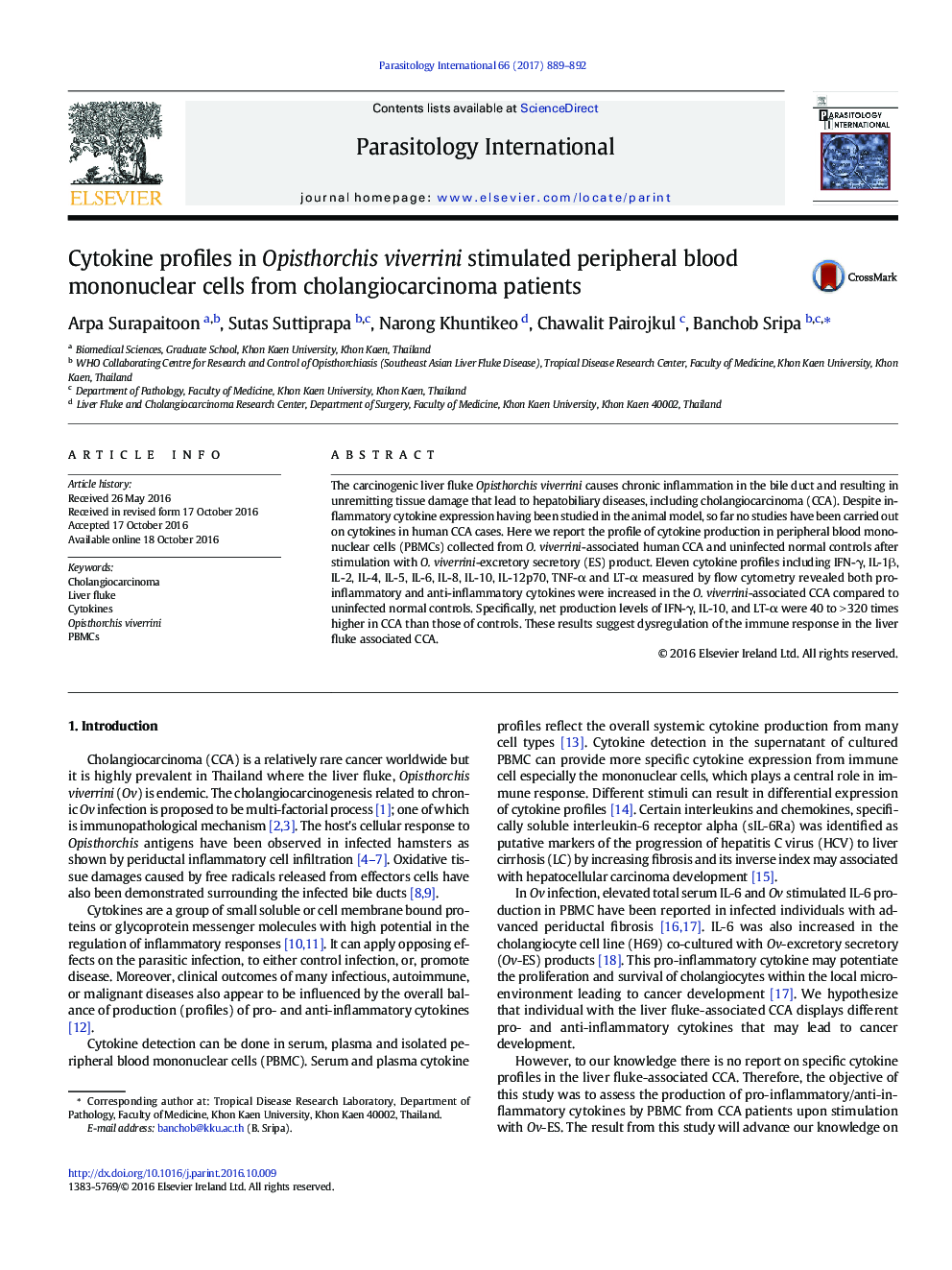 Cytokine profiles in Opisthorchis viverrini stimulated peripheral blood mononuclear cells from cholangiocarcinoma patients