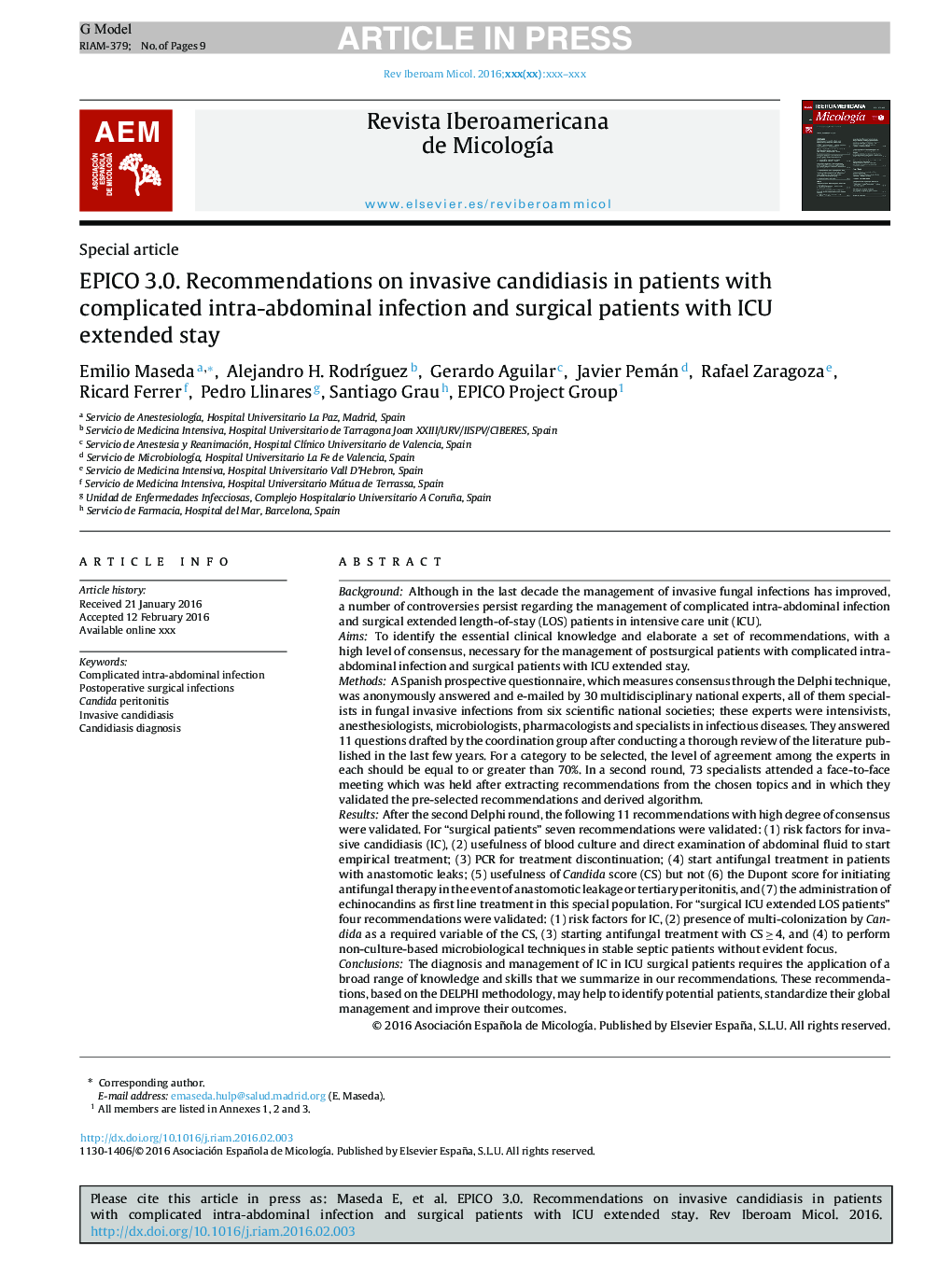 EPICO 3.0. Recommendations on invasive candidiasis in patients with complicated intra-abdominal infection and surgical patients with ICU extended stay