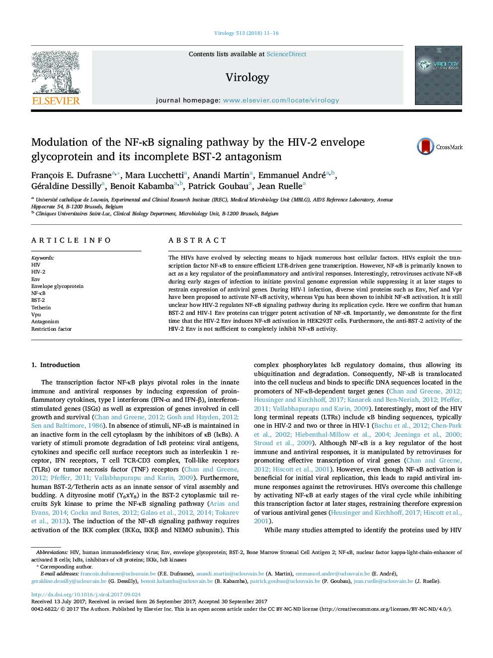 Modulation of the NF-ÎºB signaling pathway by the HIV-2 envelope glycoprotein and its incomplete BST-2 antagonism