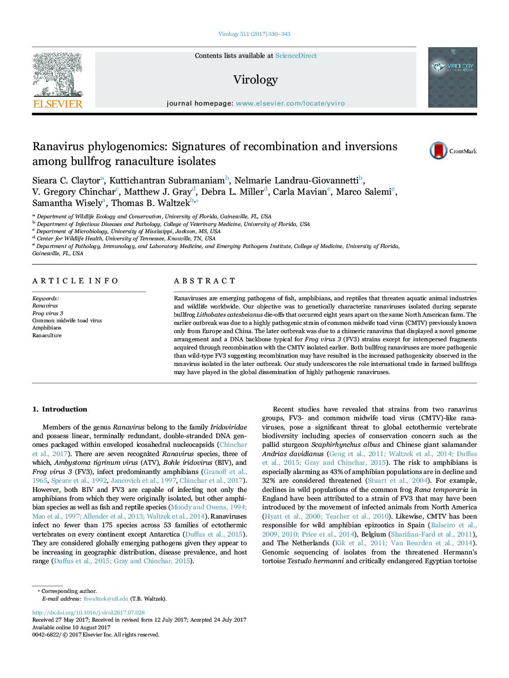 Ranavirus phylogenomics: Signatures of recombination and inversions among bullfrog ranaculture isolates