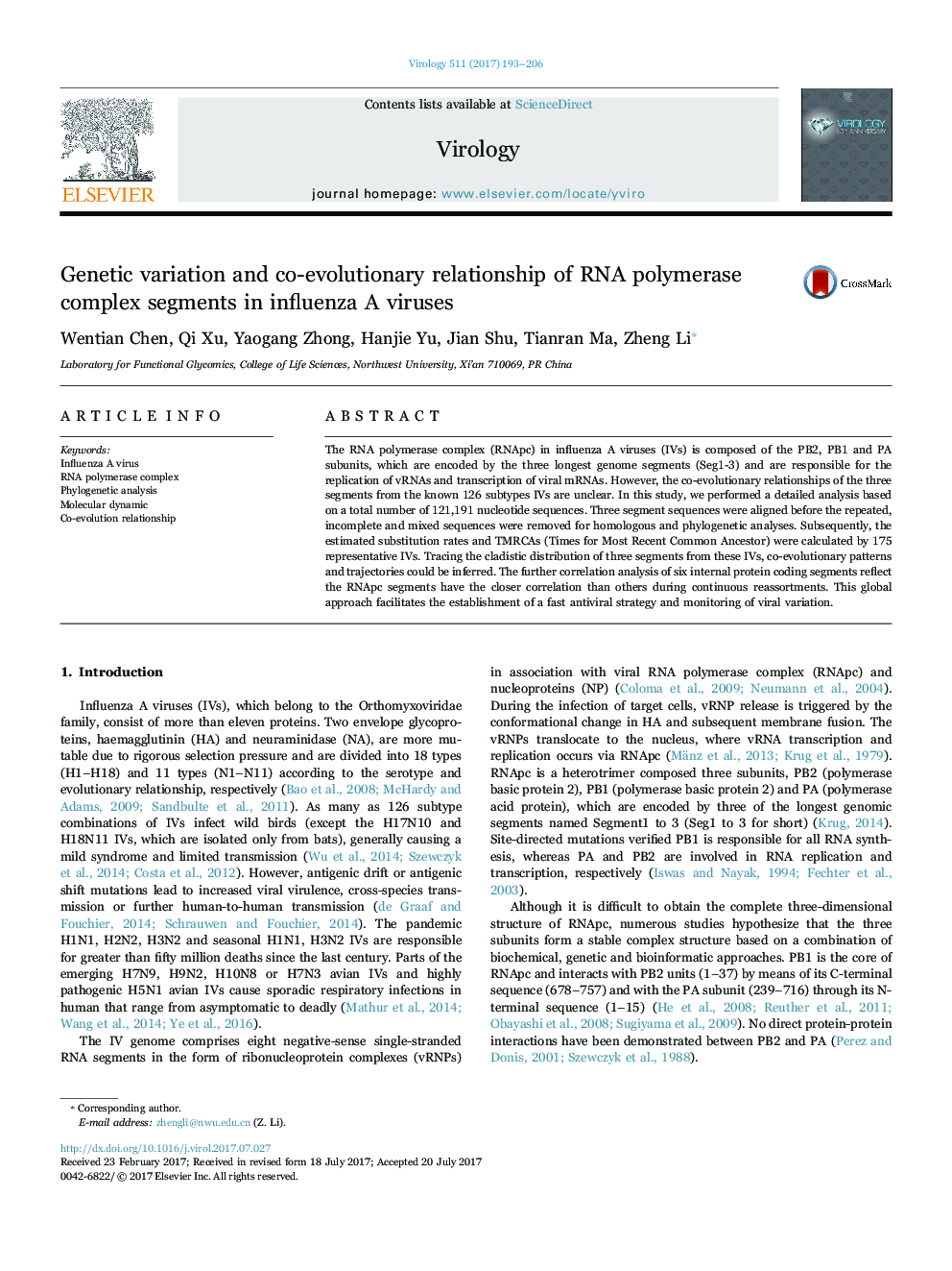 Genetic variation and co-evolutionary relationship of RNA polymerase complex segments in influenza A viruses