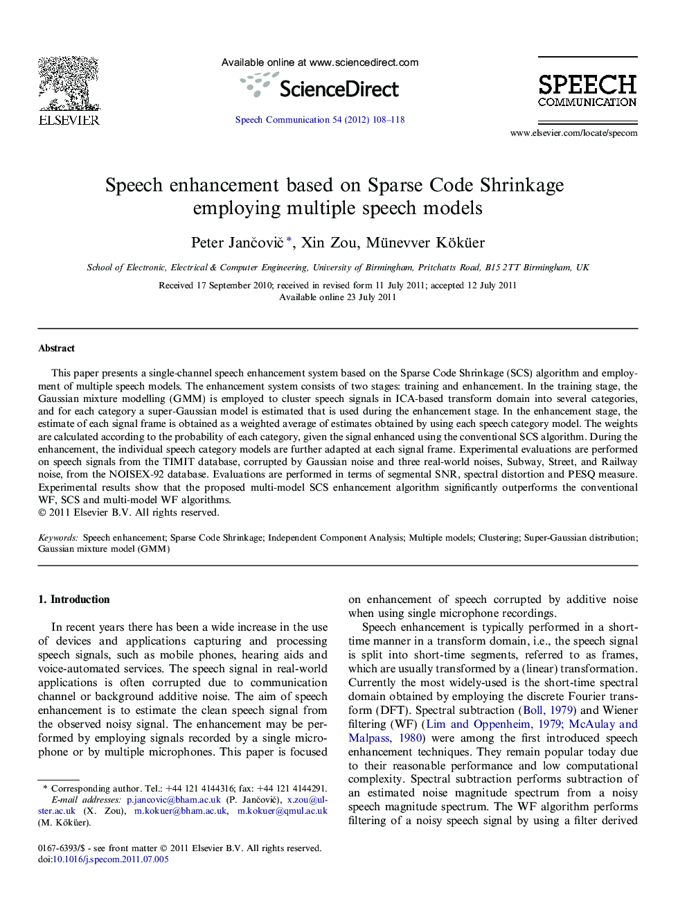 Speech enhancement based on Sparse Code Shrinkage employing multiple speech models