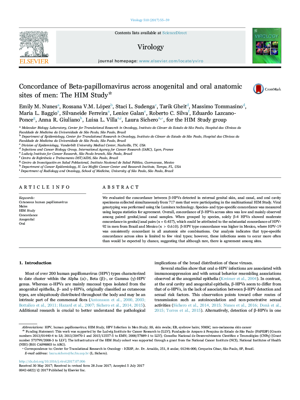 Concordance of Beta-papillomavirus across anogenital and oral anatomic sites of men: The HIM Study