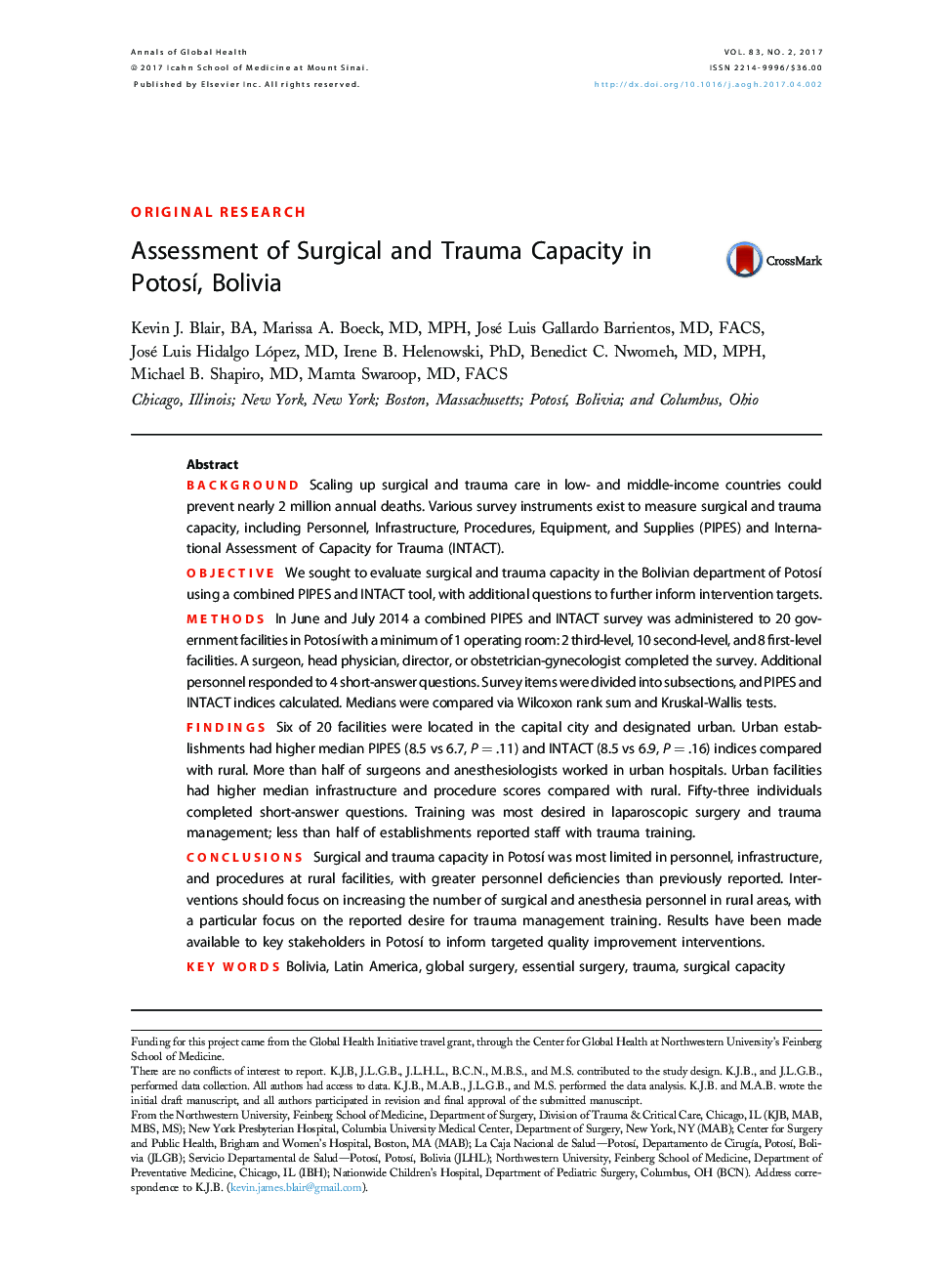 Assessment of Surgical and Trauma Capacity in PotosÃ­, Bolivia