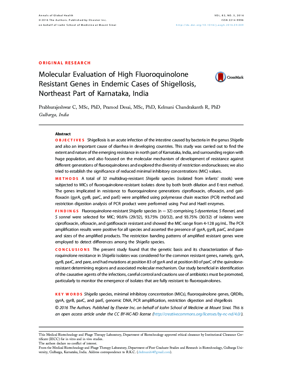 بررسی مولکولی ژنهای مقاوم در برابر فلوئوروکینولون بالا در موارد انحصاری شیگلوز، بخش شمال شرقی کارناتکا، هند 