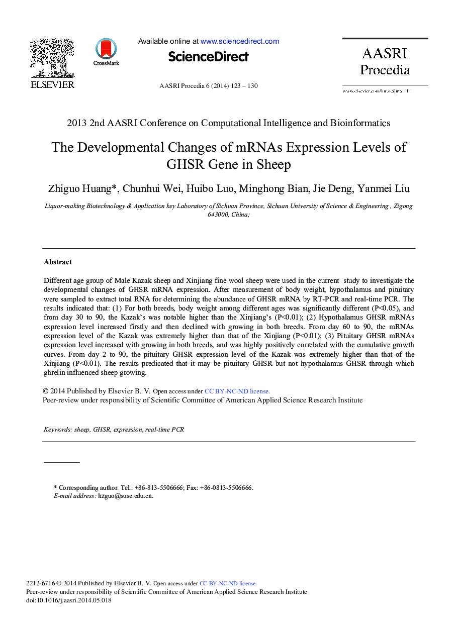 The Developmental Changes of mRNAs Expression Levels of GHSR Gene in Sheep 