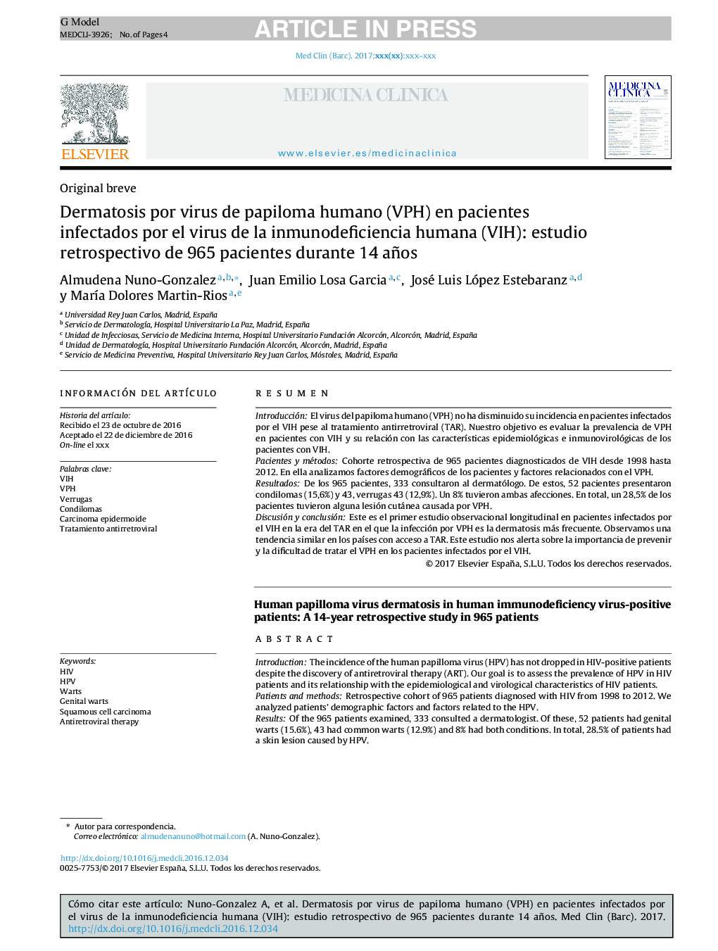 Dermatosis por virus de papiloma humano (VPH) en pacientes infectados por el virus de la inmunodeficiencia humana (VIH): estudio retrospectivo de 965 pacientes durante 14 años