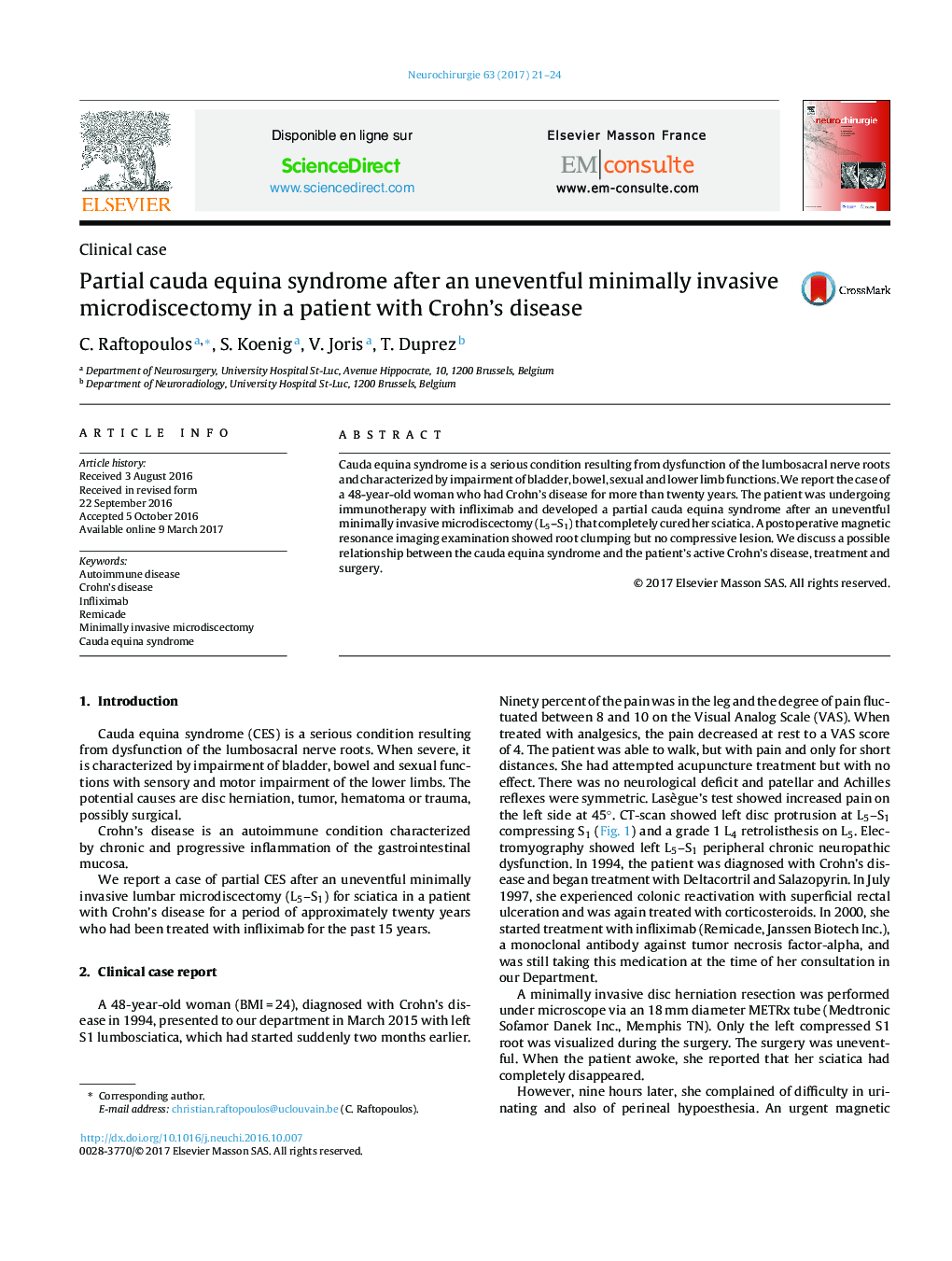 Partial cauda equina syndrome after an uneventful minimally invasive microdiscectomy in a patient with Crohn's disease