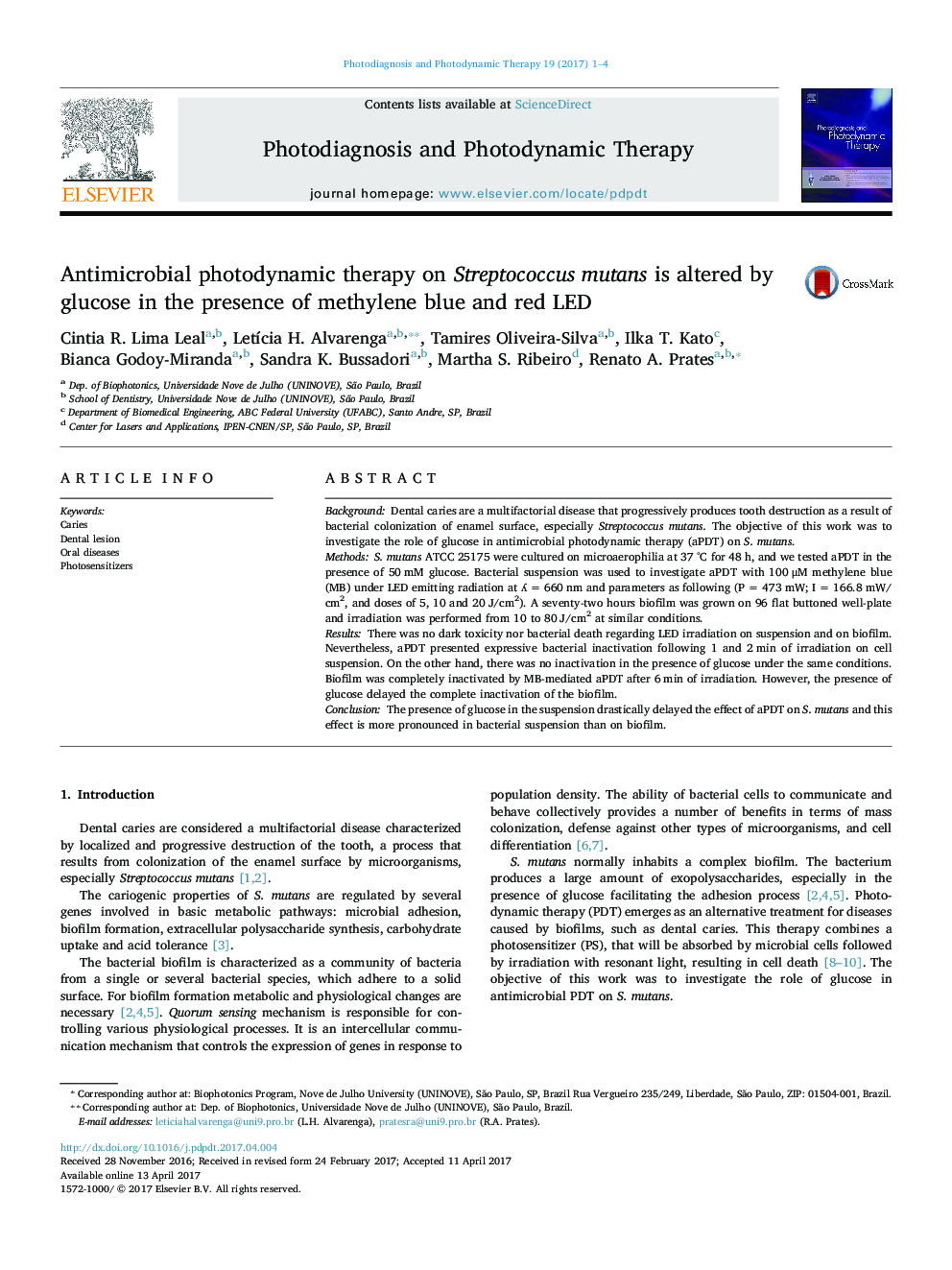 Antimicrobial photodynamic therapy on Streptococcus mutans is altered by glucose in the presence of methylene blue and red LED