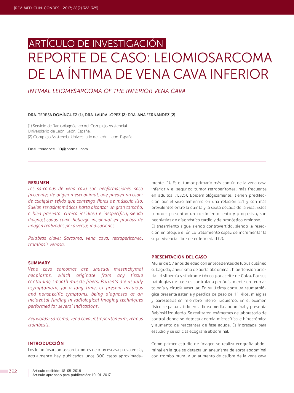 REPORTE DE CASO: LEIOMIOSARCOMA DE LA ÍNTIMA DE VENA CAVA INFERIOR