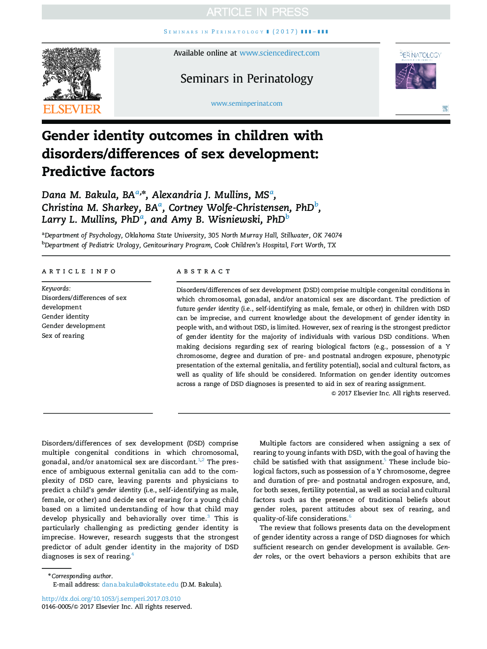 نتایج هویت جنسی در کودکان مبتلا به اختلالات / اختلالات رشد جنسی: عوامل پیش بینی کننده 