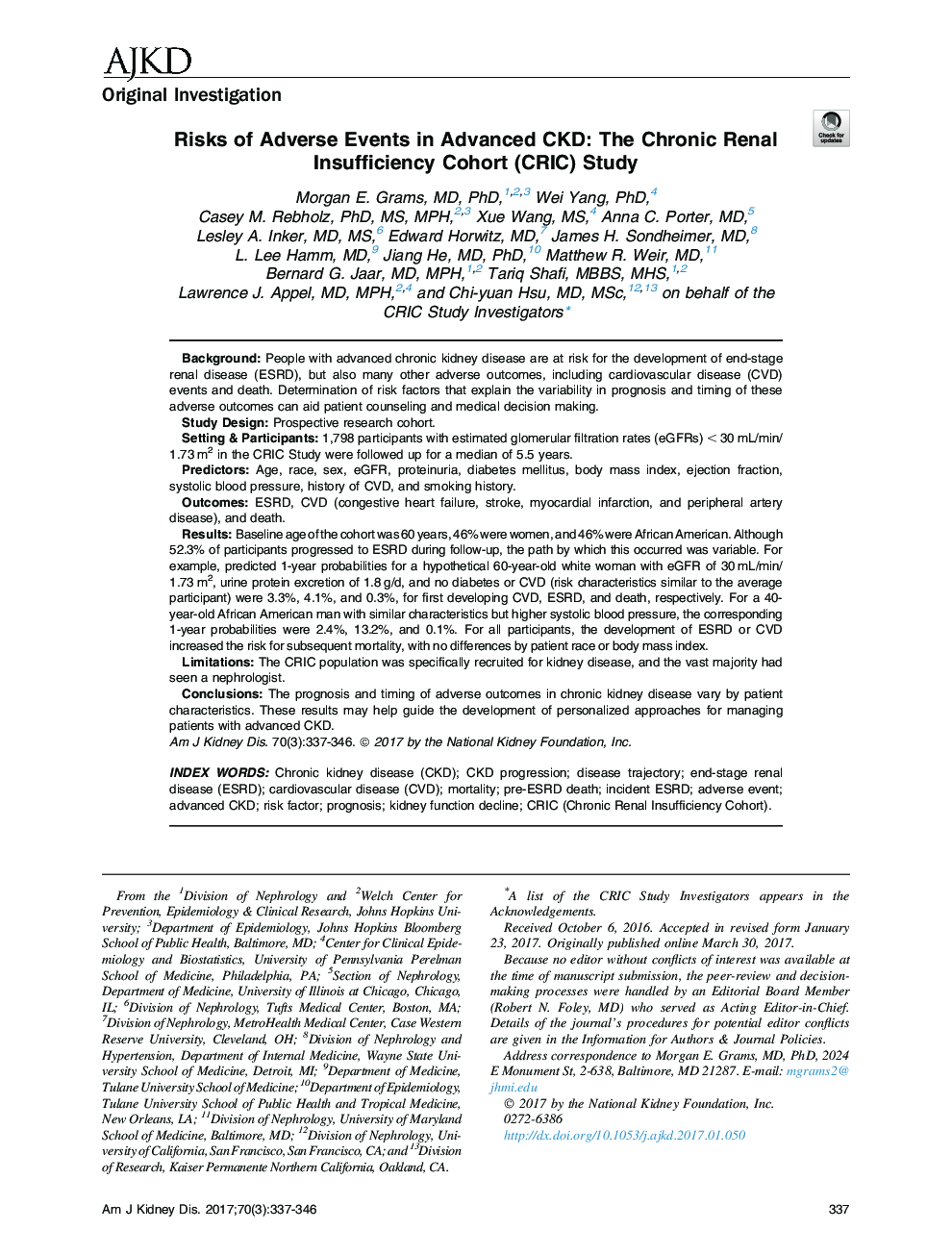 Risks of Adverse Events in Advanced CKD: The Chronic Renal Insufficiency Cohort (CRIC) Study