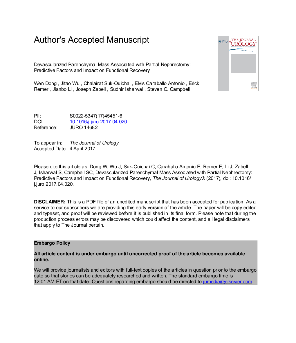 Devascularized Parenchymal Mass Associated with Partial Nephrectomy: Predictive Factors and Impact on Functional Recovery