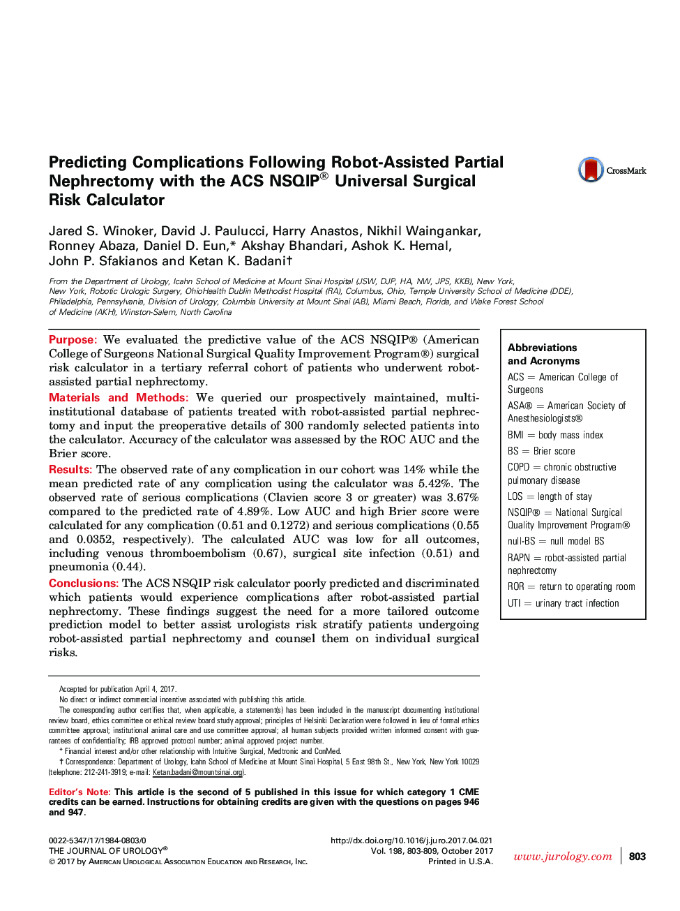 Predicting Complications Following Robot-Assisted Partial Nephrectomy with the ACS NSQIP® Universal Surgical Risk Calculator