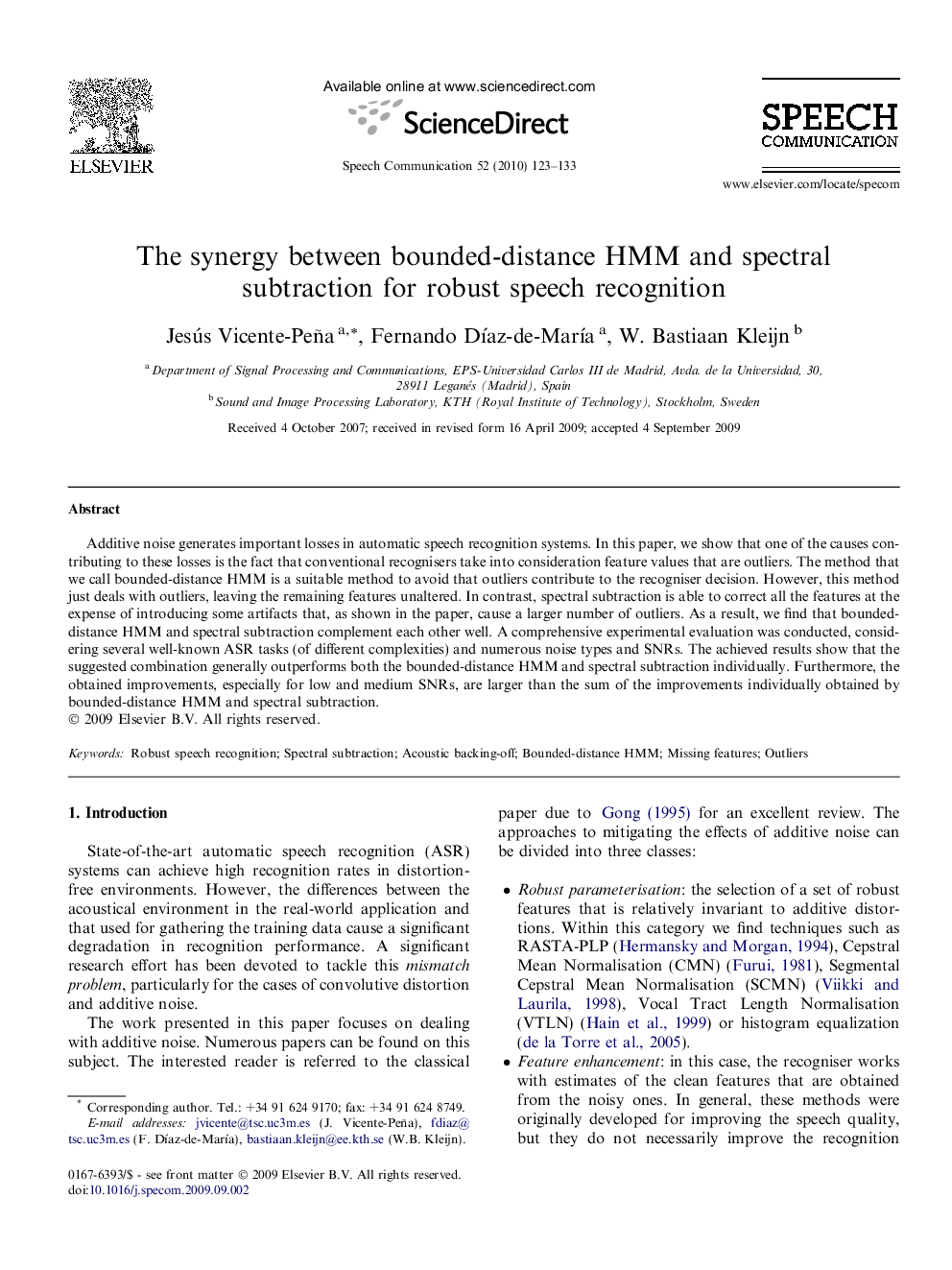 The synergy between bounded-distance HMM and spectral subtraction for robust speech recognition