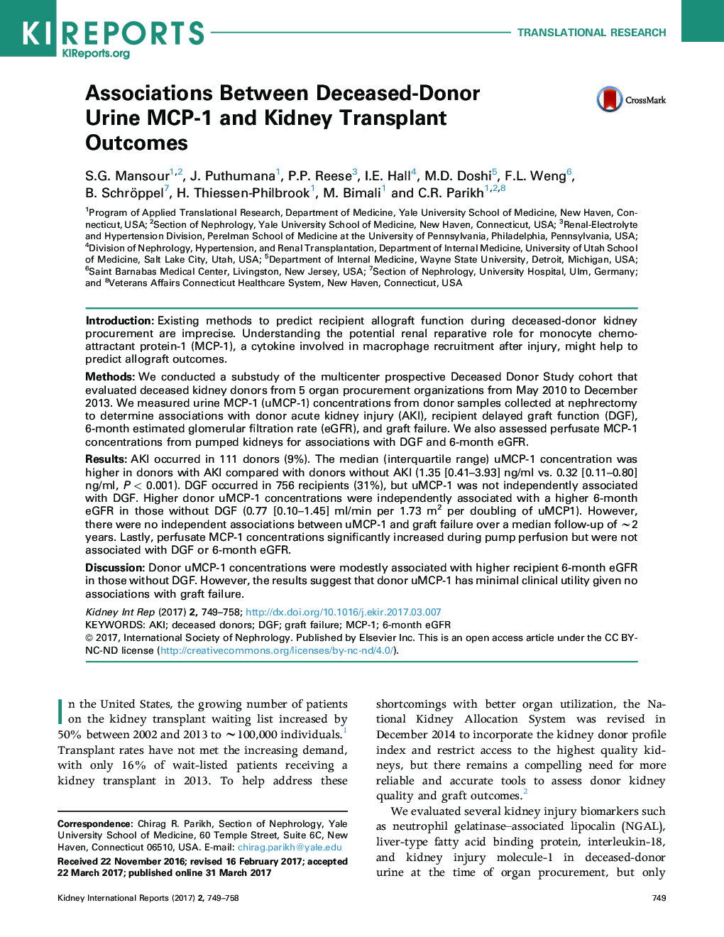 Associations Between Deceased-Donor Urine MCP-1 and Kidney Transplant Outcomes