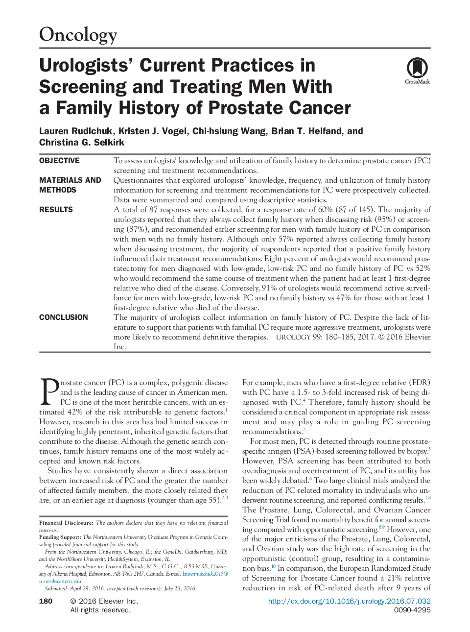 روشهای فعلی اورولوژی در نمایش و درمان مردان با سابقه خانوادگی سرطان پروستات 