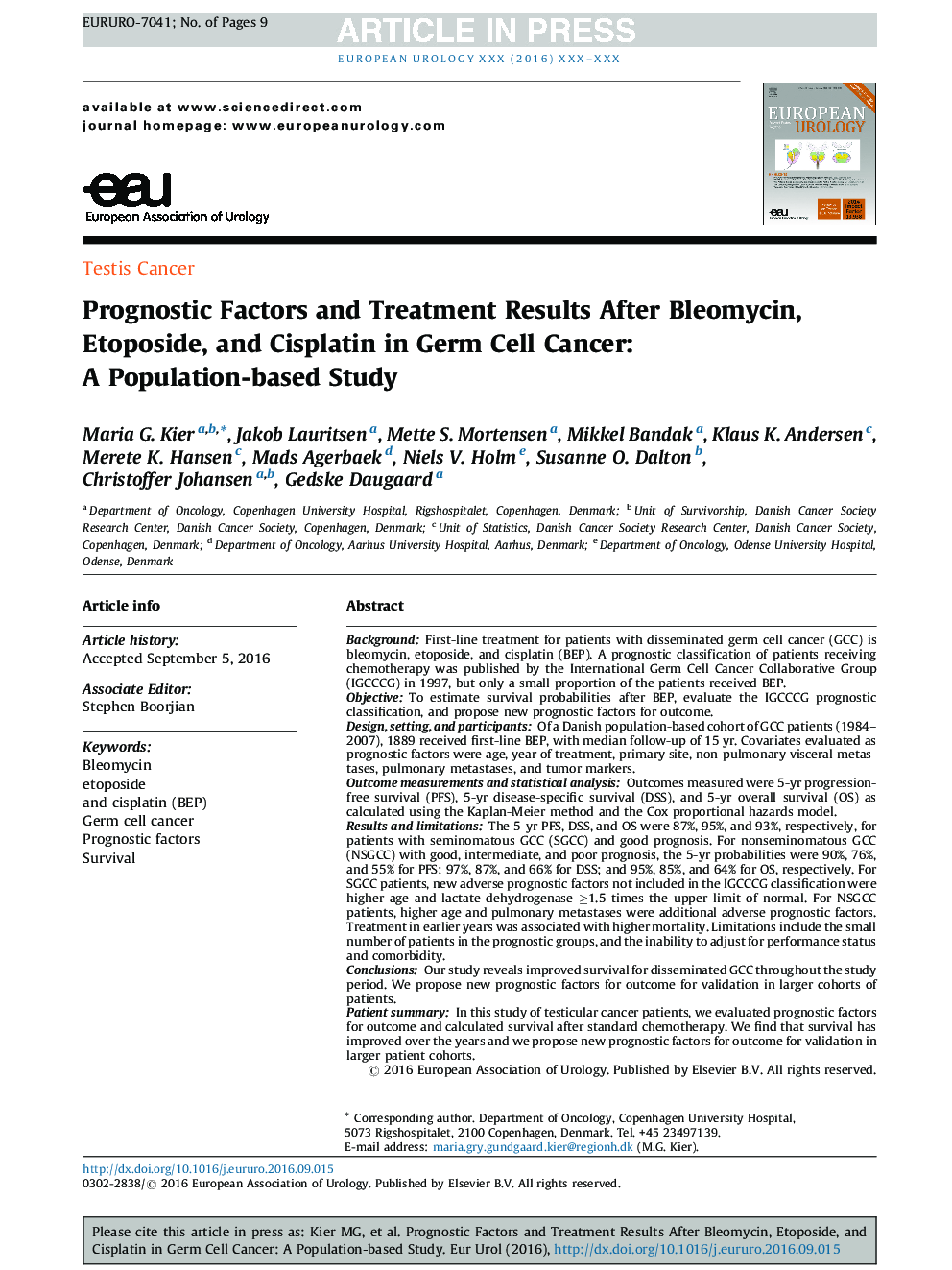 Prognostic Factors and Treatment Results After Bleomycin, Etoposide, and Cisplatin in Germ Cell Cancer: A Population-based Study