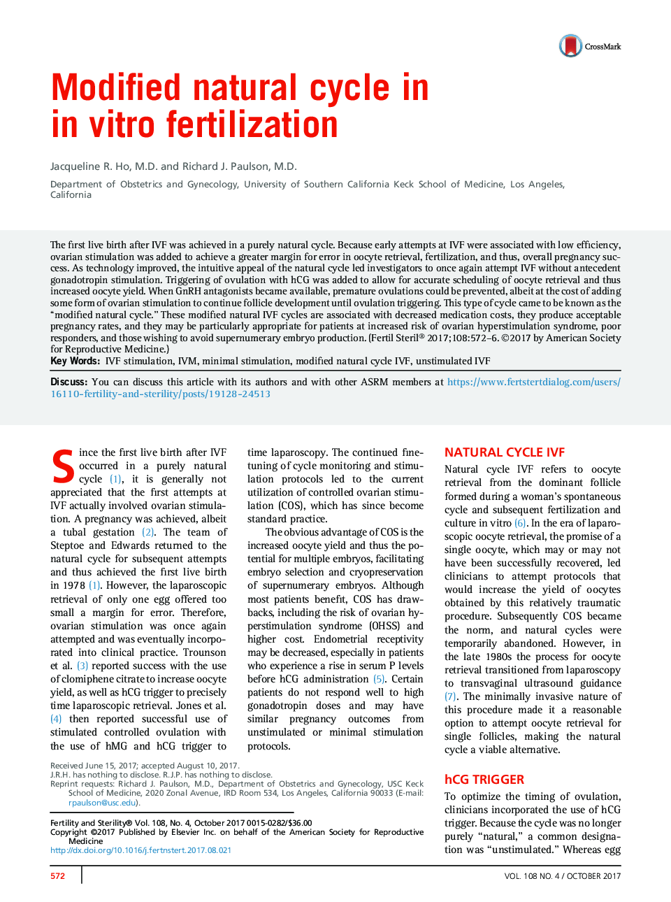 Modified natural cycle in inÂ vitro fertilization