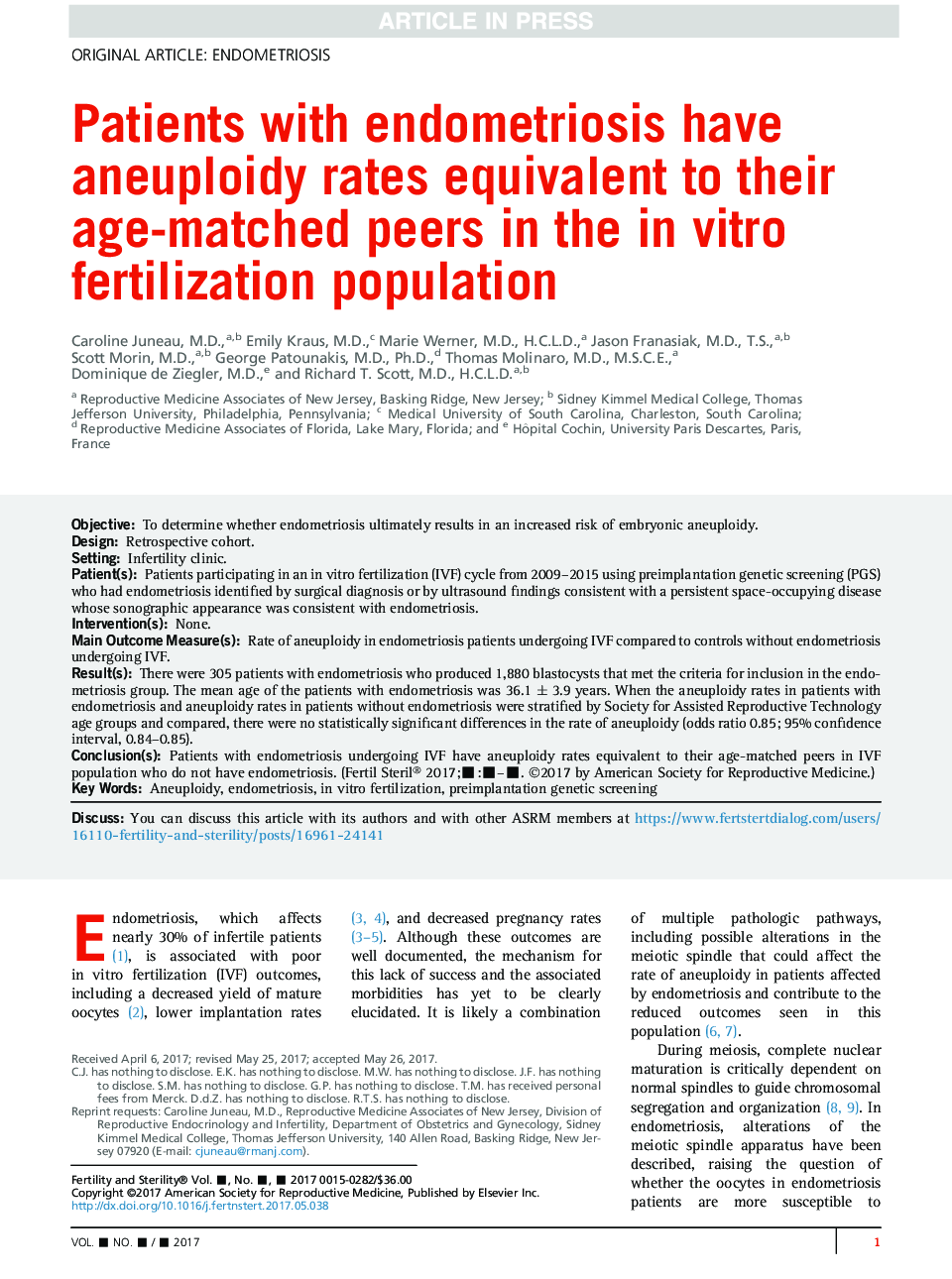 Patients with endometriosis have aneuploidy rates equivalent to their age-matched peers in the inÂ vitro fertilization population